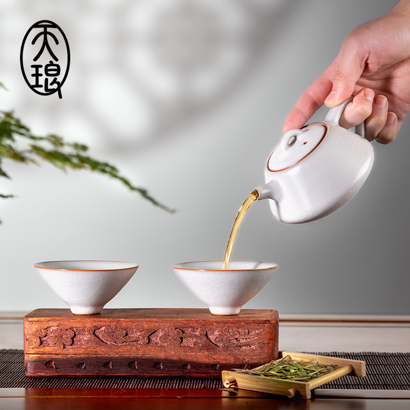 天琅窑 汝窑羊白石瓢壶套组 蝉翼纹可养开片高端茶具收藏