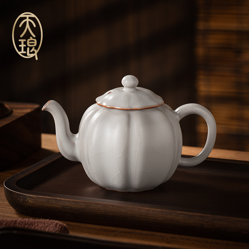 天琅窑 汝窑羊脂白玉釉瓜棱壶 茶器汝瓷 蝉翼纹开片高端茶具