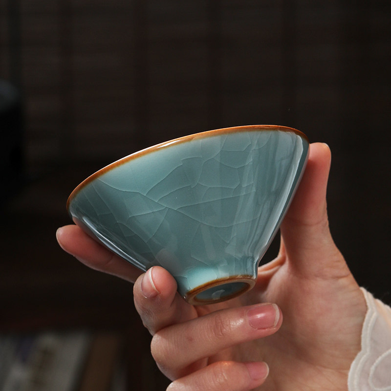 天琅窑哥窑宝石蓝斗笠杯高端礼品茶礼送礼主人杯品茗杯高档茶具