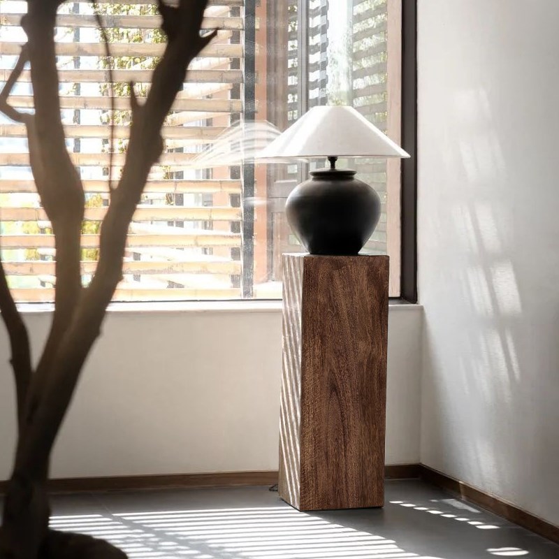 侘寂风复古方形实木墩子花架底z座原木树桩样板房茶室玄关落地摆