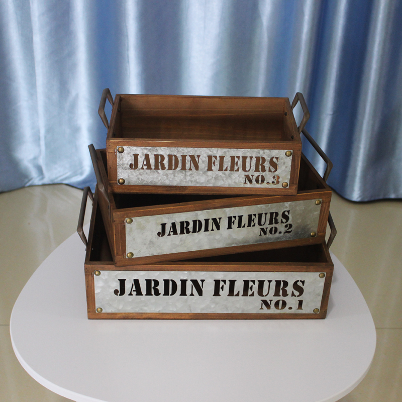 工业风小号复古家居桌面收纳w整理铁艺实木盒子篮子盘子带提手包