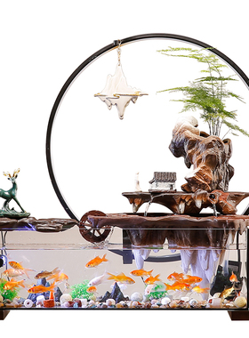 创意免换水生态玻璃鱼缸造景假山流水H摆件循环水客厅办公室装饰