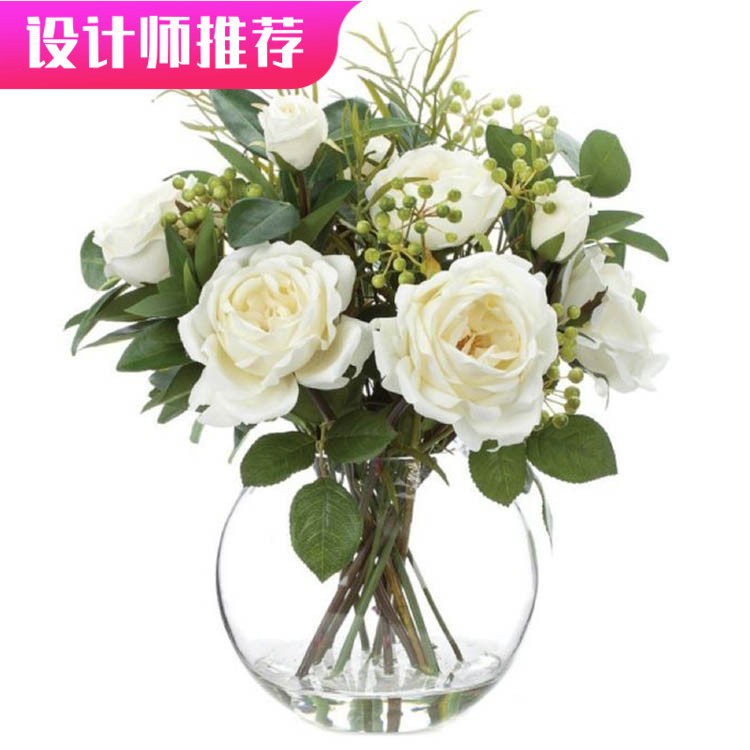 设计师推荐 仿真手感玫瑰白绿色假水花艺套装样板房设Y计饰品摆件