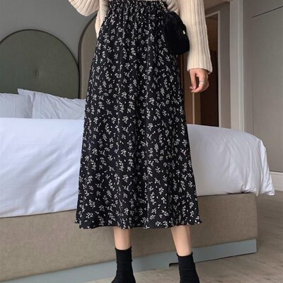 极速HOUZHOU Vintage Floral Skirt Women High Waist A-line