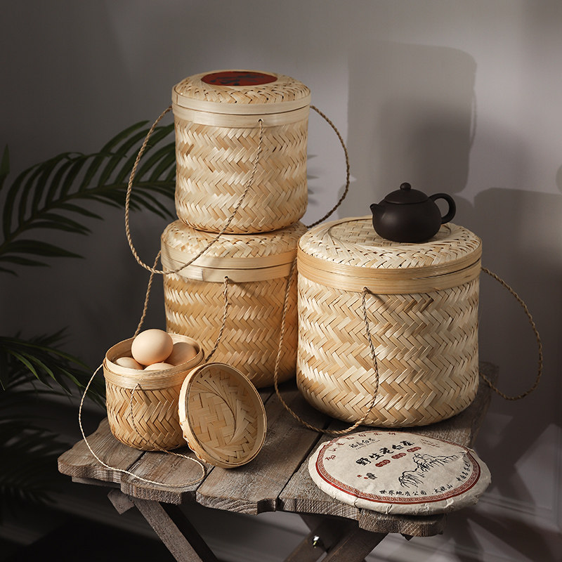 极速竹编礼盒茶叶盒竹罐竹桶纯手工编织包装月饼置物筐收纳篮手提