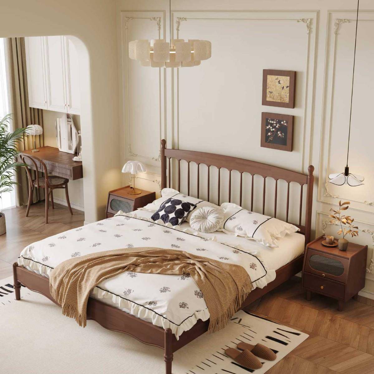 中古风美式温莎床法式主卧双人床现代简约实木床中式婚床储物床