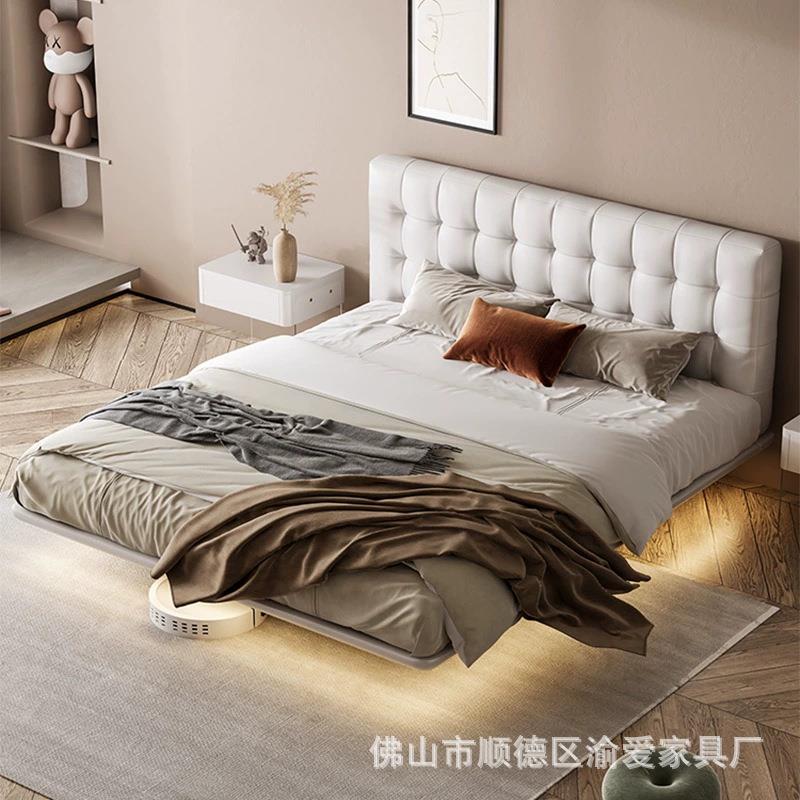 意式轻奢云悠悠悬浮真皮床1.8米奶油风现代简约网红主卧拉扣软包