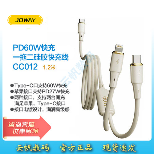 乔威Type-C口一拖二1.2米快充线