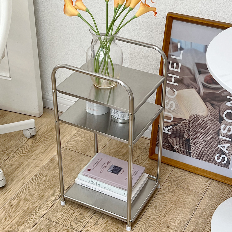 不锈钢客厅中古insq风落地置物架家用厨房收纳床头边几小推车