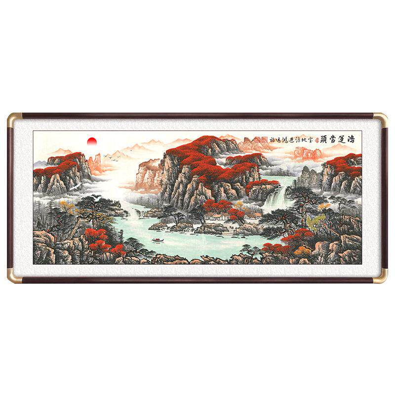 风水画客厅装饰画实木外框装裱国画老板公室鸿运当头山水挂画