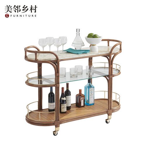 东南亚风别墅全实木移动送餐车藤编竹艺双层手推茶水红酒餐边柜