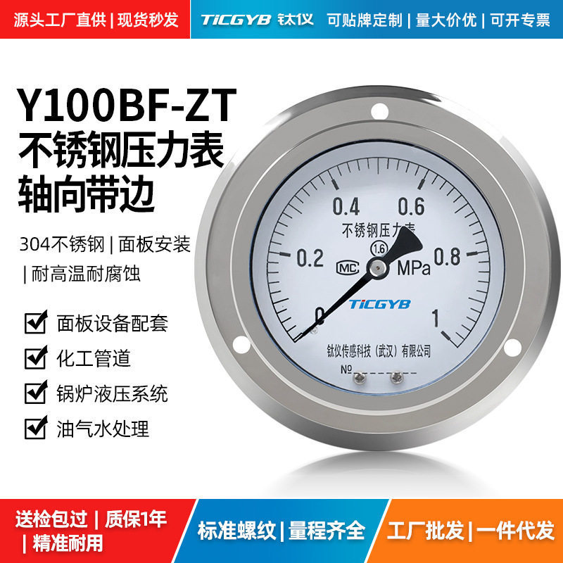 不锈钢压力表轴向带边面板安装
