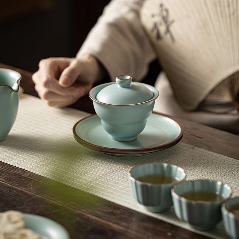 天青汝窑葫芦二才盖碗茶杯陶瓷家用小号泡茶器可养开片功夫泡茶碗