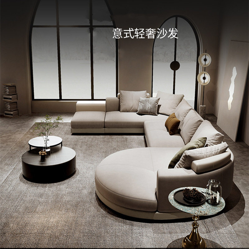 意式轻奢皮布结合沙发 大平层别墅设计师样板房U型沙发圆弧型贵妃图片