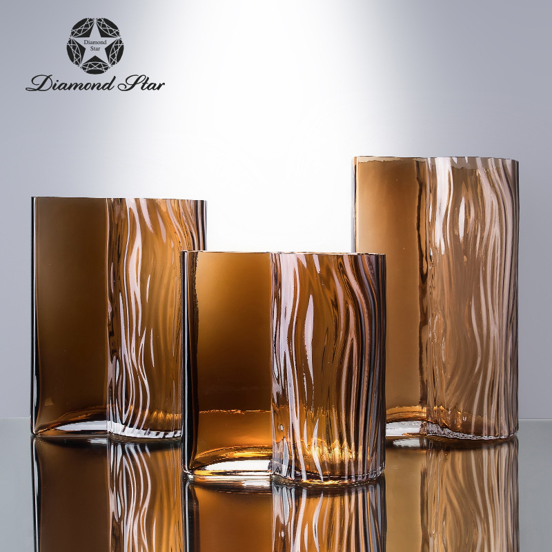 钻石星棕色玻璃花瓶创意半平面半冰川插花器批发软装饰品摆件花瓶
