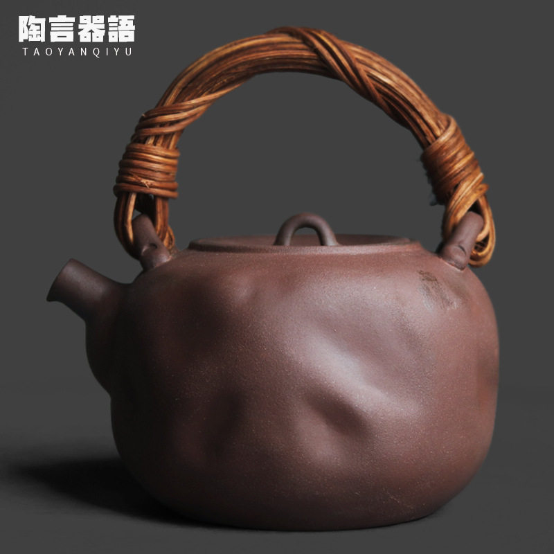 粗陶老岩泥锤纹藤编提梁煮茶壶中式复古陶器炭火电陶炉烧水单壶
