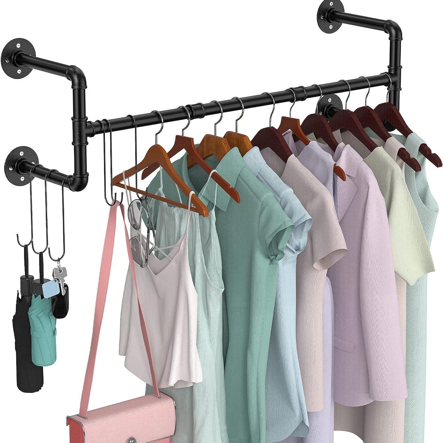 工业管道服装架壁挂式 墙壁衣架用于悬挂衣服洗衣房收纳架储物架