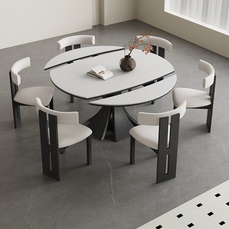 法式复古可变圆形伸缩岩板餐桌折叠桌家用小户型方圆两用实木饭桌