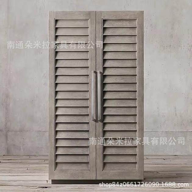 RH工业风格美式乡村橡木做旧双门衣柜法式简约复古实木衣橱百叶柜