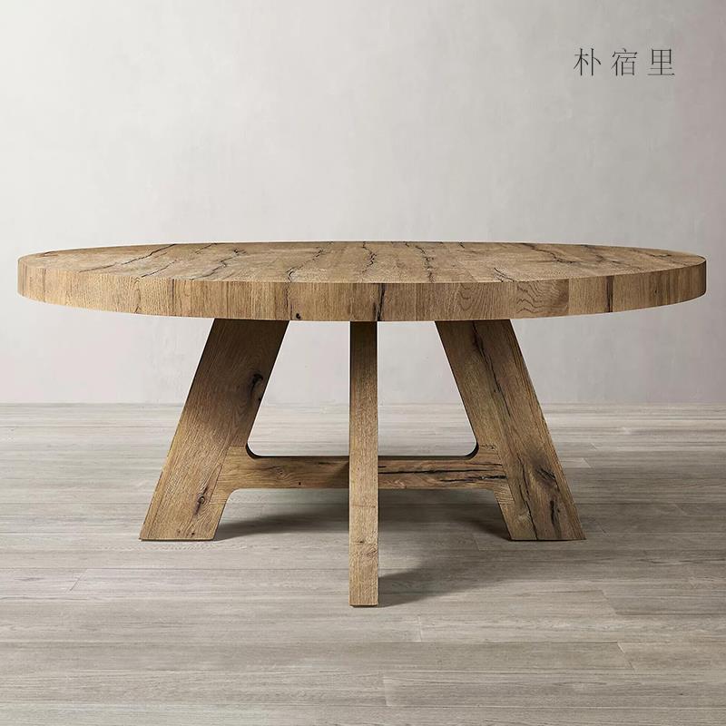 工业风极简全实木圆形餐桌 北欧现代简约原木大饭桌子茶桌会议桌