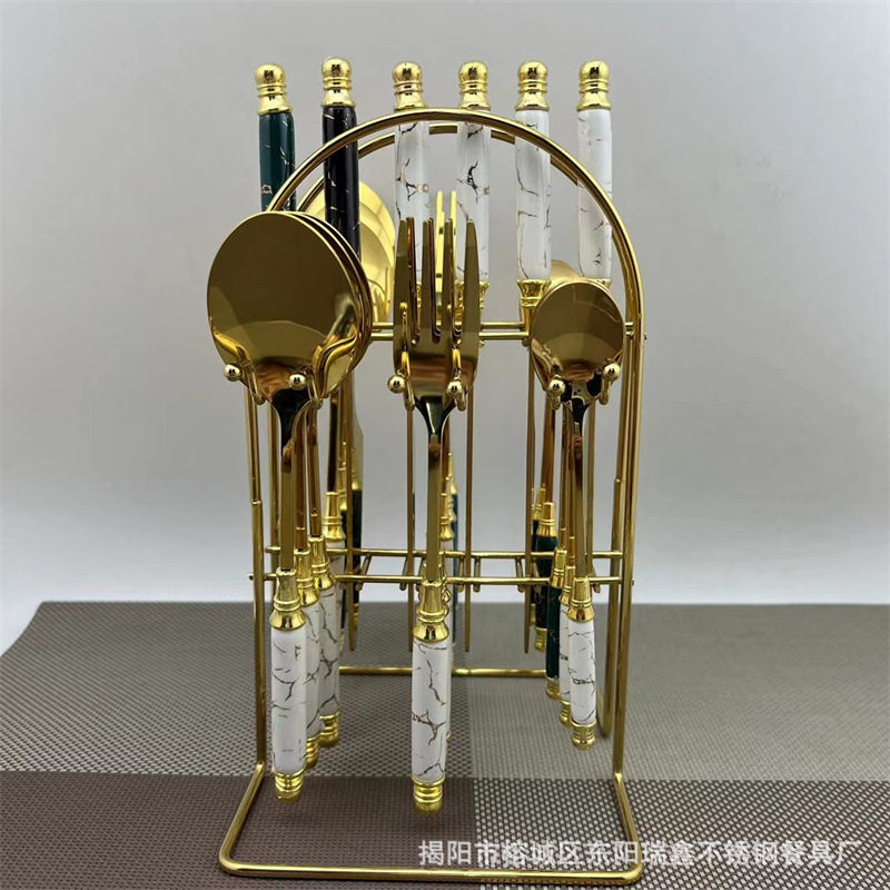 不锈钢刀叉勺套装 跨境陶瓷柄24件套刀叉勺 金色插刀架大理石纹套