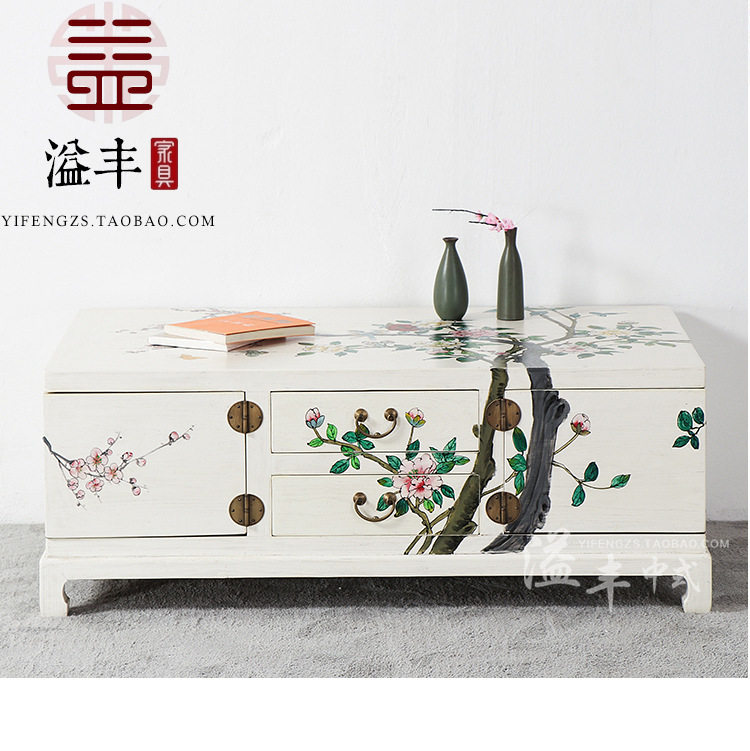 新中式茶几手绘实木简约白漆花鸟客厅咖啡台方几旋转茶几古典箱几