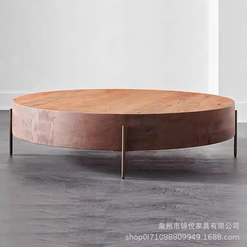 实木茶几客厅家用美式复古圆形小茶桌民宿小桌子原木圆几茶台矮桌