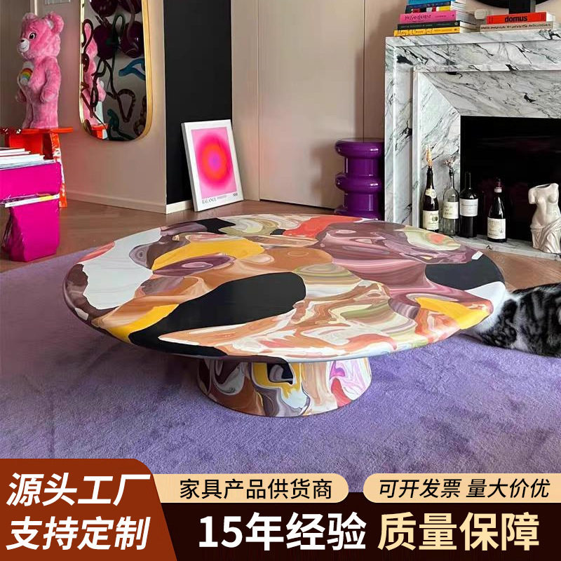 中古创意彩绘实木矮桌客厅手绘油画玻璃钢茶桌个性艺术圆形茶几