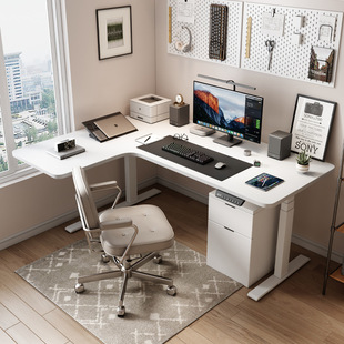 转角电动升降书桌L型电脑桌拐角家用办公桌升降式升降桌L型书桌