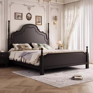 美式实木床全实木复古主卧大床1.8M双人床高箱储物床中古风家具床