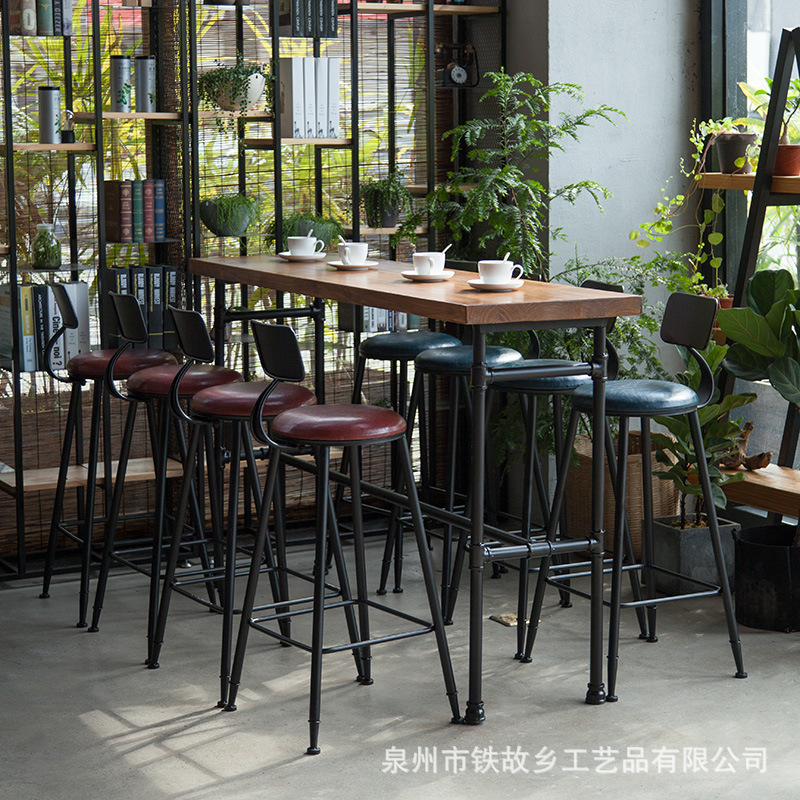美式复古实木吧台桌 创意多人餐厅水管铁艺高脚桌靠墙窄长条桌椅