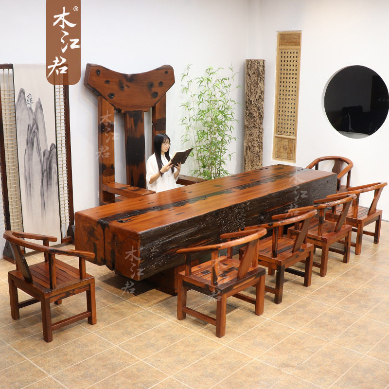老船木茶桌椅组合双拼龙骨茶台办公会议桌酒店会所大板台加厚桌子