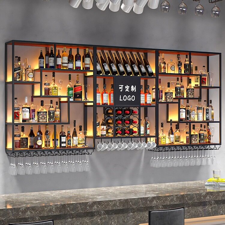 酒吧吧台酒架酒柜靠墙挂墙式工业风铁艺展示柜餐厅红酒架子置物架
