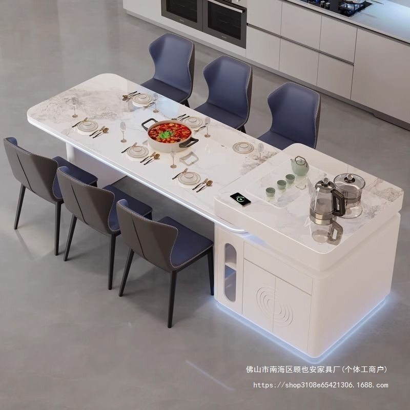 顾以安岛台餐桌一体式家用伸缩岩板多功能轻奢现代简约餐桌椅组合