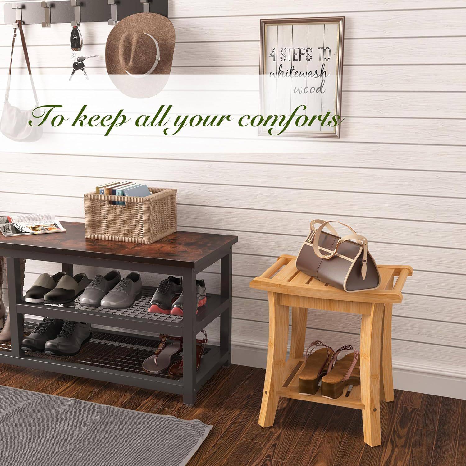 竹制淋浴凳带储物架 实木淋浴凳浴室座椅 客厅卧室和花园收纳架,电子元器件市场,电线扎带/束线带,淘宝优惠券,粉丝福利购,淘宝优惠卷