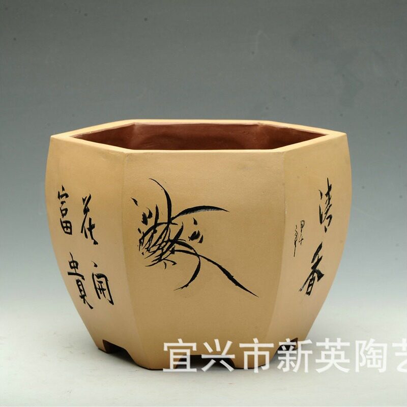 现货特大号宜兴紫砂花盆  植物陶盆花卉菖蒲六方兰古典园艺盆景