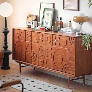 北欧复古樱桃木实木雕花双门斗柜三抽餐边柜中古卧室储收纳床尾柜