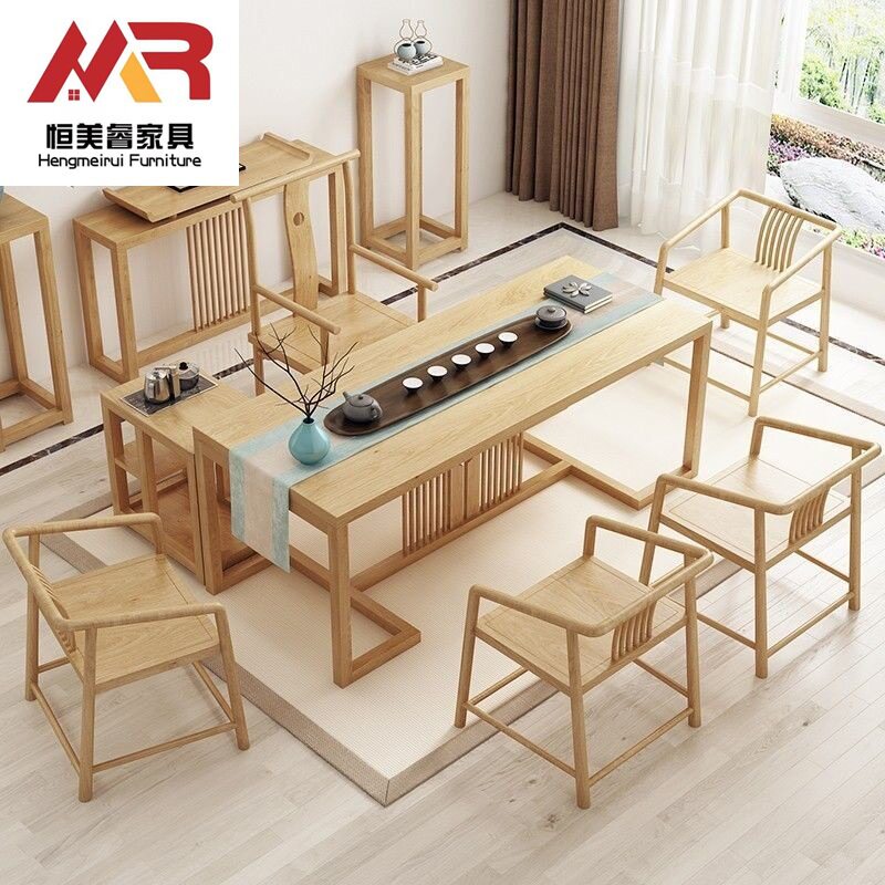 原木色茶桌椅组合一桌五椅办公家用泡茶几新中式实木茶台套装一体