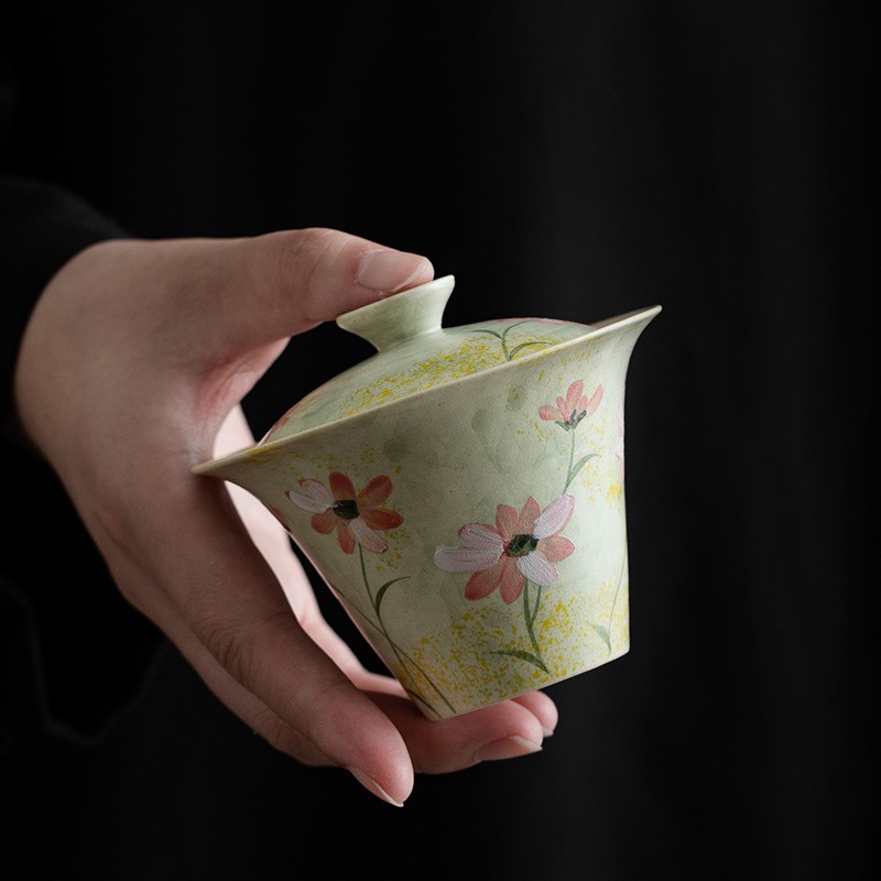 手绘格桑花二才盖碗高档家用陶瓷盖碗茶杯女士不烫手敬茶碗单个