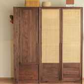 北美黑胡桃木全实木组合衣柜樱桃木原木对开门藤编收纳储物柜衣橱