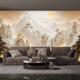 浮雕立体新中式 茶厅茶室壁纸山水石纹办公室养生馆墙纸餐厅壁画