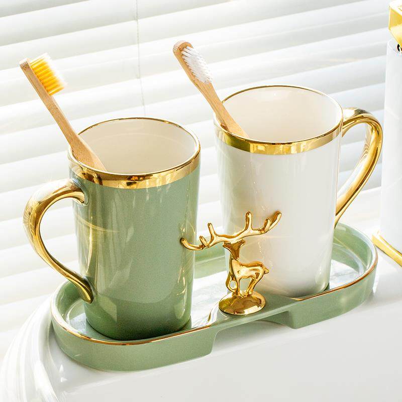 轻奢情侣刷牙杯漱口杯高档牙杯套装一对陶瓷牙刷置物架家用洗漱杯