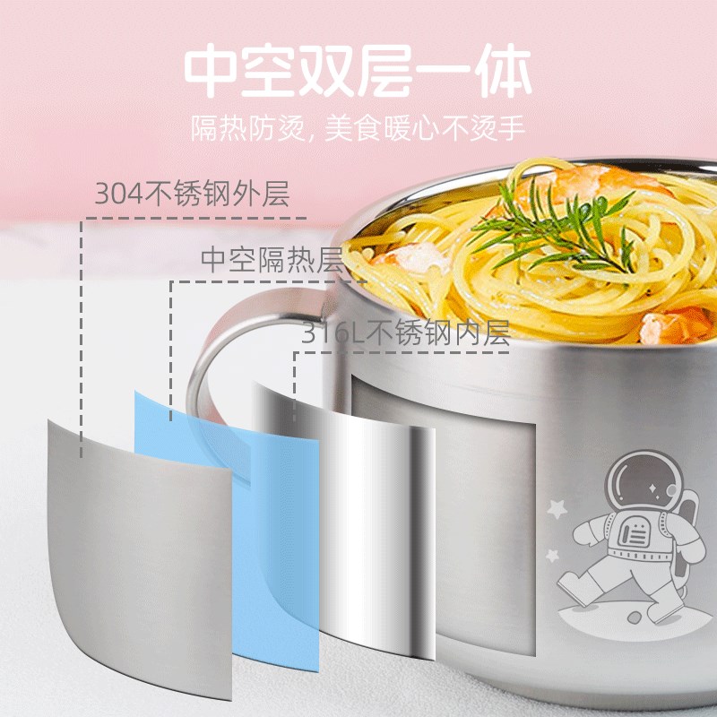 316不锈钢儿童碗双层汤碗防摔防烫带把手小学生食堂饭碗带盖高温