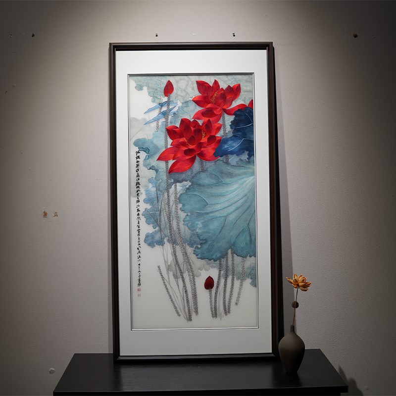苏绣成品挂画带框客厅手工张大千荷F花玄关书房走廊竖版刺绣装饰图片