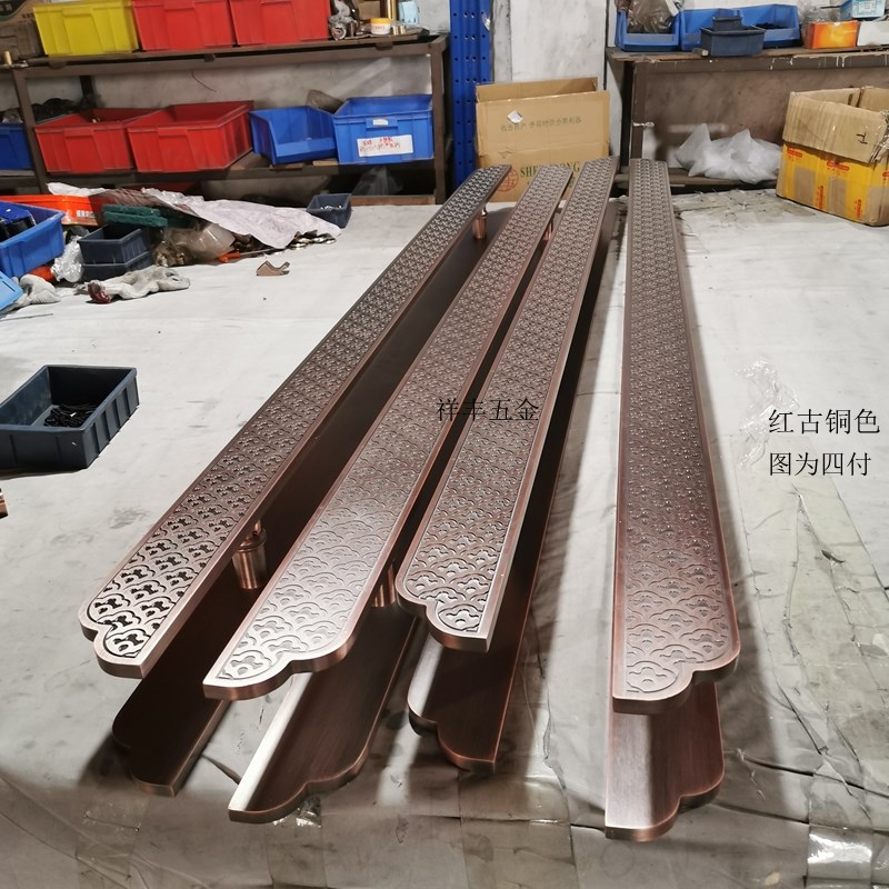 中式仿古大门拉手古铜p黑色双开玻璃门J木门把手长条形祥云雕刻扶