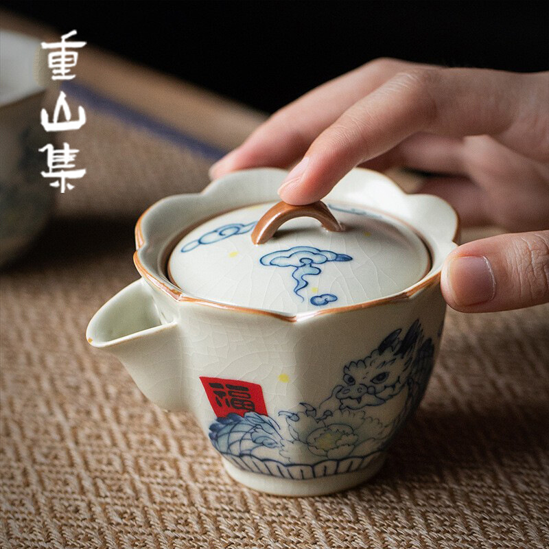 龙憨憨小神龙青花汝窑手抓壶盖碗茶杯单个高档茶碗陶瓷防烫泡茶器
