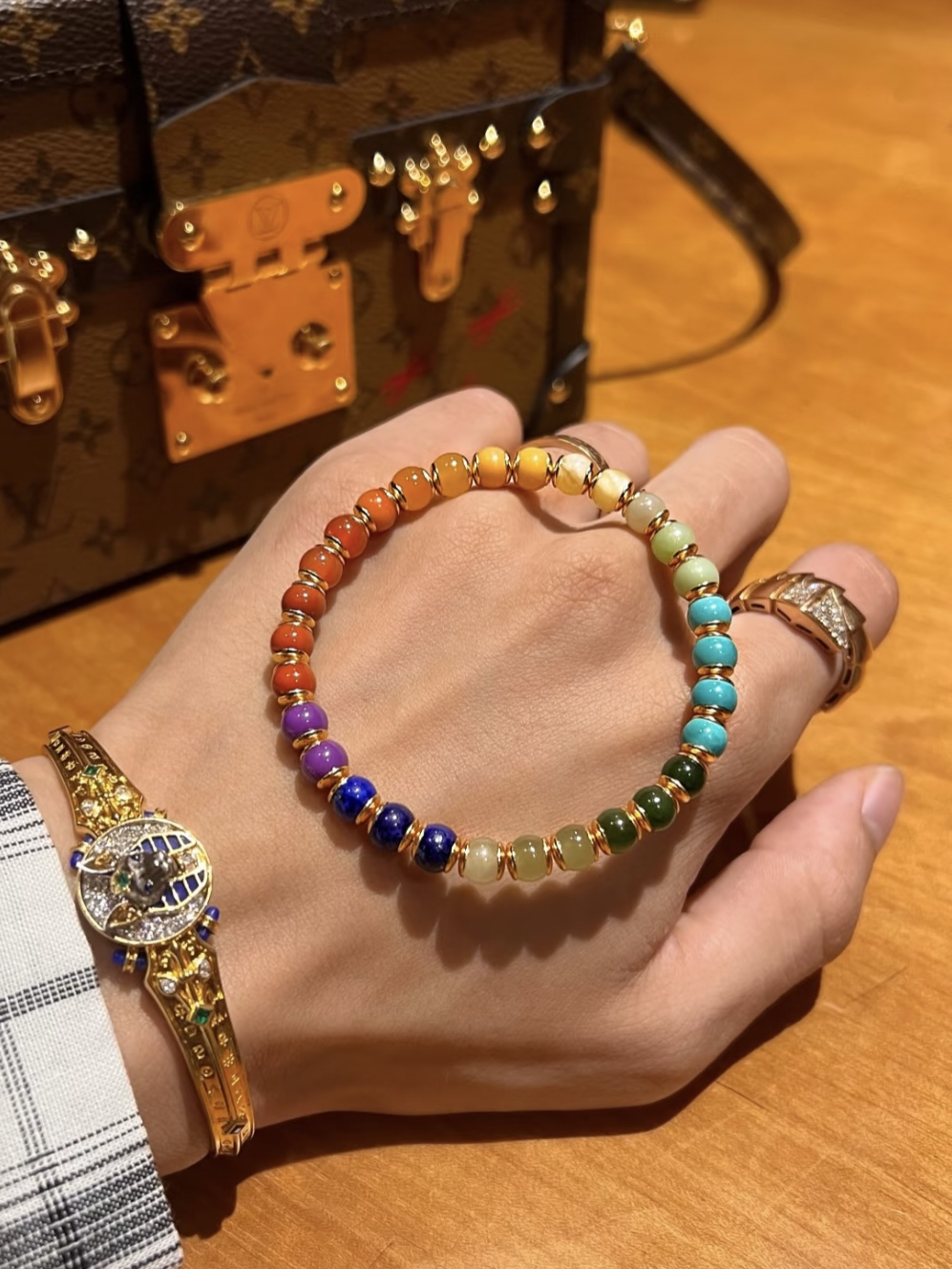 天然绿松石老型珠彩虹多宝手串镶金男女款单圈精品文玩手链送女友