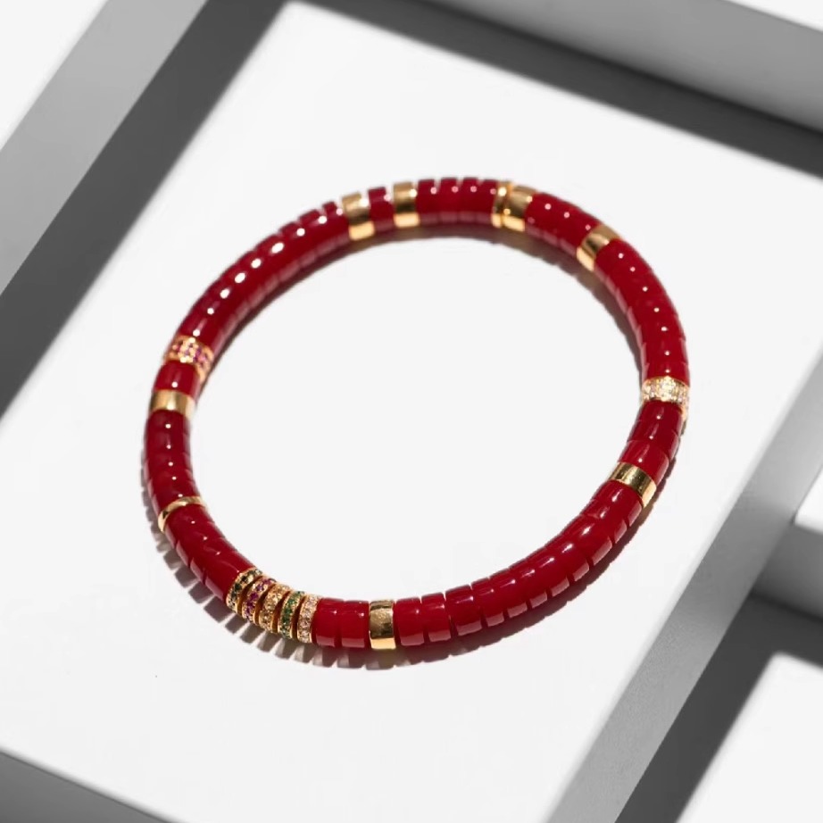 瓦西南红牛血红药片直切珠18K金隔片红宝石蓝宝石手串6mm