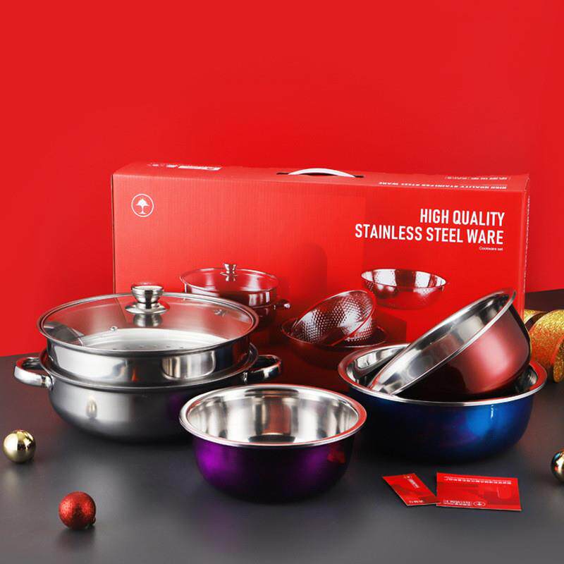 加厚不锈钢蒸锅彩色盆组合套装 厨房实用礼品锅具套装汤蒸锅