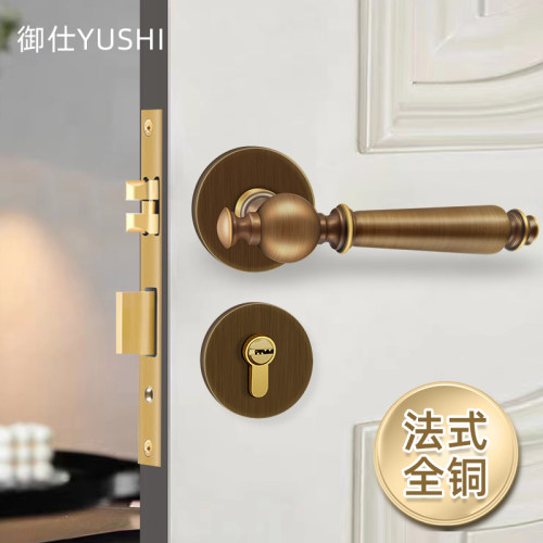 全铜美式金色木门锁轻奢室内法式奶油风房门锁黄铜卧室复古静音锁